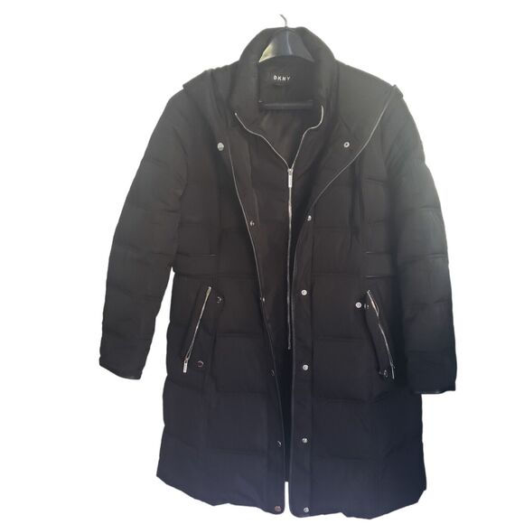 DKNY Winter Puffer Coat Black Hooded Large Knee Length Double Pockets Bib Front - Picture 1 of 15